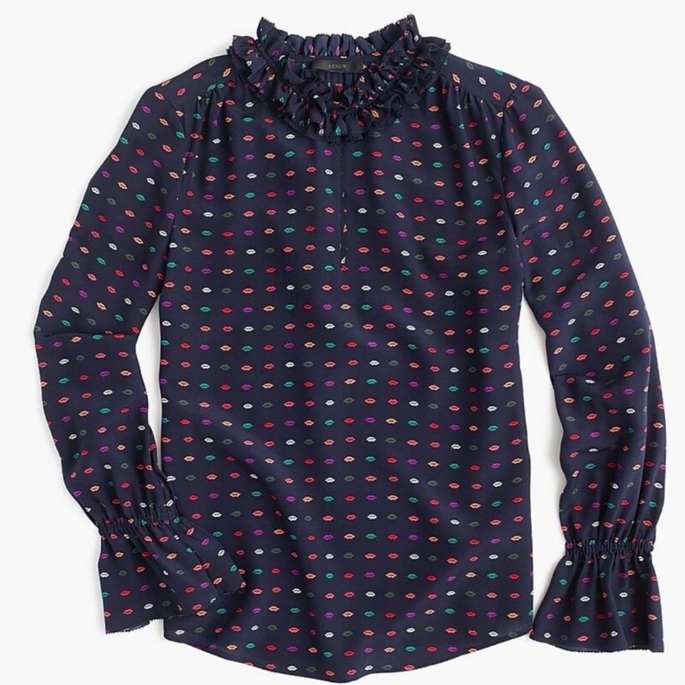 J. Crew Navy Blouse with Multicolor Dots